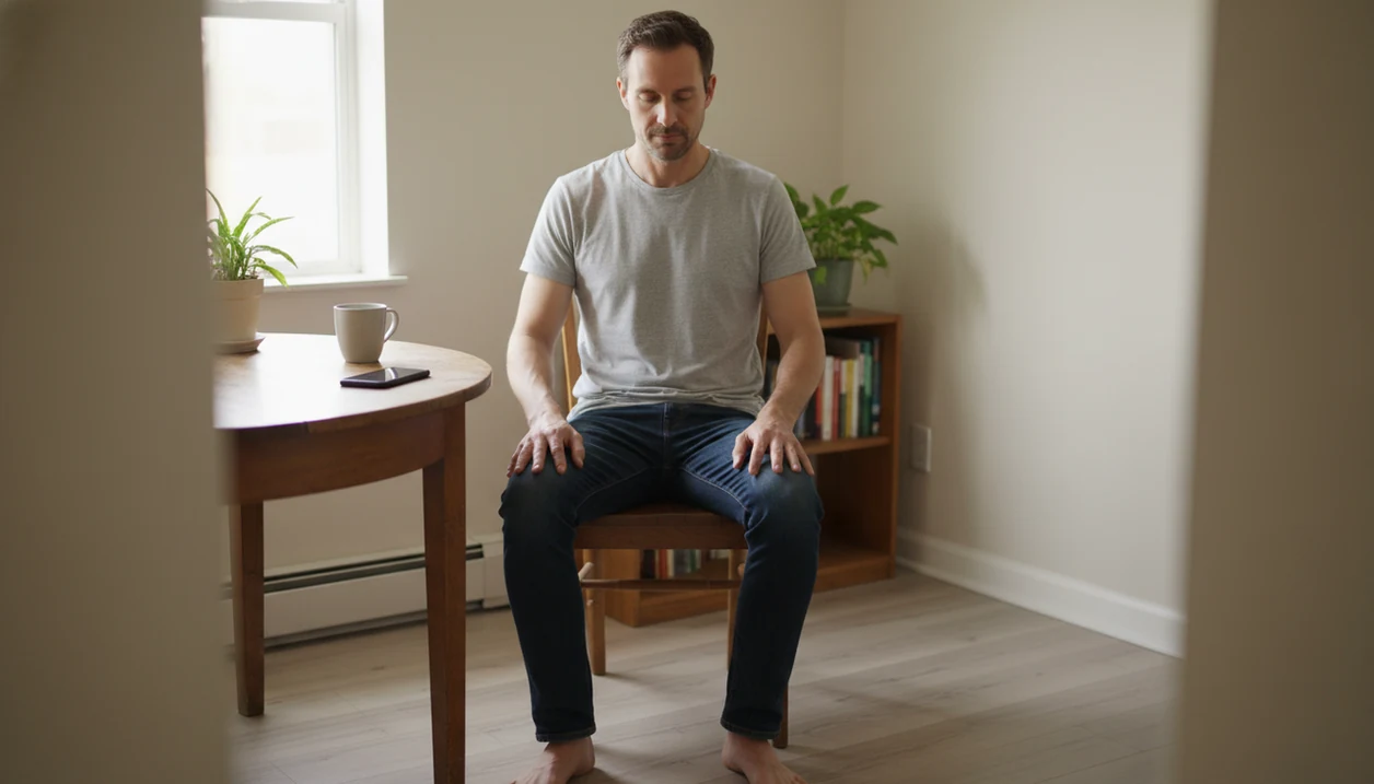 A man sits on a simple chair at home practicing a short, practical meditation.