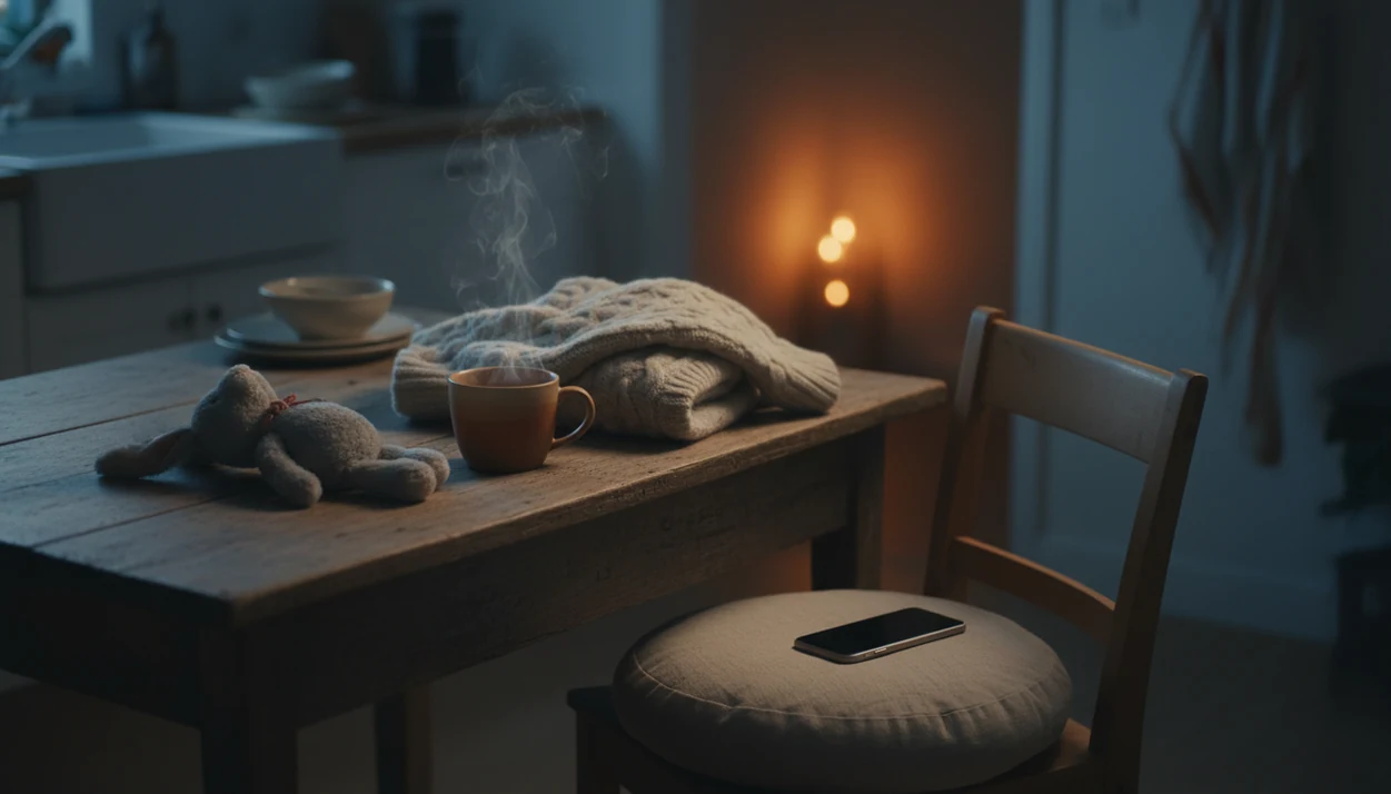 A quiet kitchen table after bedtime with tea, a child’s sweater, and a meditation cushion nearby.