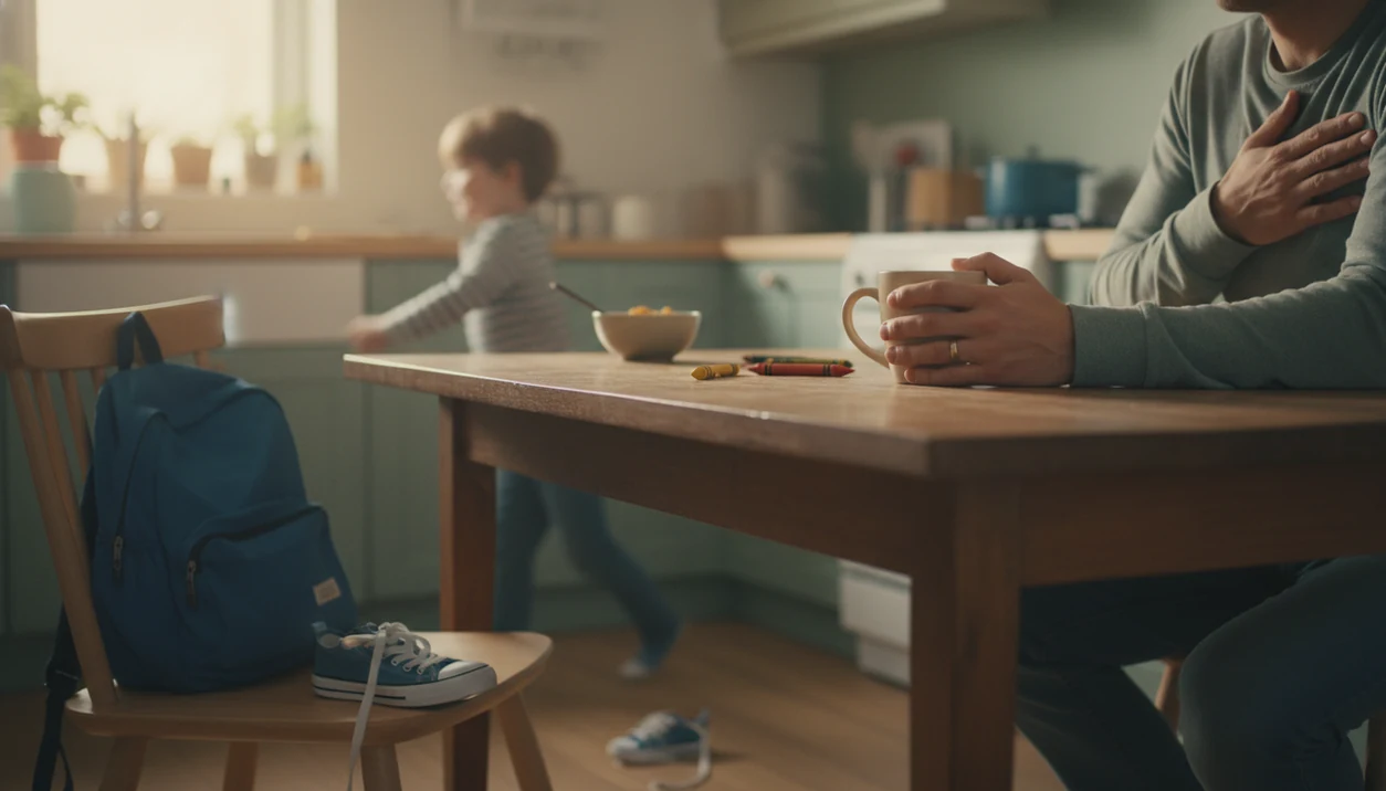 A parent pauses at a kitchen table while a child moves softly out of focus in the background.