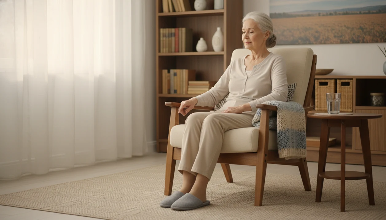 An older adult practices a supported chair meditation in a calm, sunlit living room.