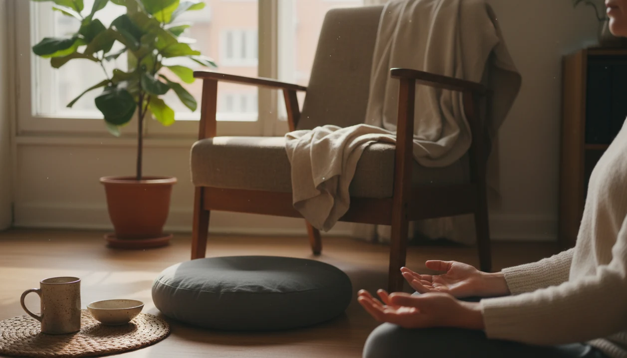 A woman’s relaxed hands rest in a quiet meditation corner with a chair, cushion, plant, and soft window light.